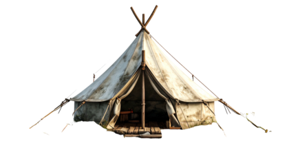 A worn, triangular canvas tent with wooden supports, against a black background