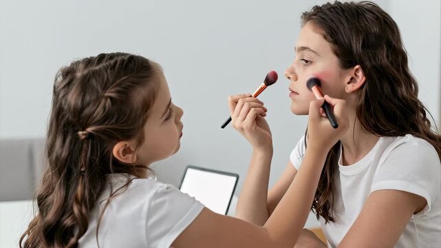 Young girls applying makeup together in a modern and bright setting with cosmetic products on a table