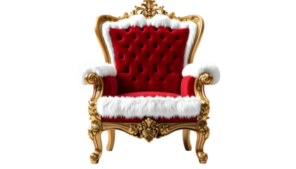 Luxurious red and gold throne, upholstered, trimmed with white fur, isolated on black