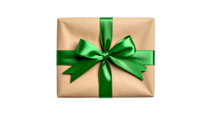 A square package wrapped in brown paper, tied with a vibrant green ribbon and bow
