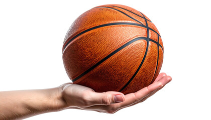 A human hand cradles a classic orange basketball against a stark black background