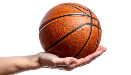 A human hand cradles a classic orange basketball against a stark black background