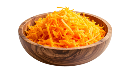 A wooden bowl overflowing with vibrant orange, shredded dairy product