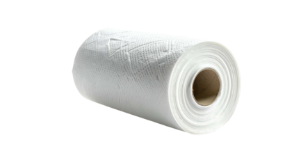 Cylindrical roll of white paper towels, against a black background