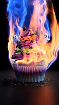 Halloween cupcake sits on a dark surface with swirled purple and green frosting topped by ghost and spider decorations. Baked dessert styled with edible confetti and a blue flame for spooky party imag
