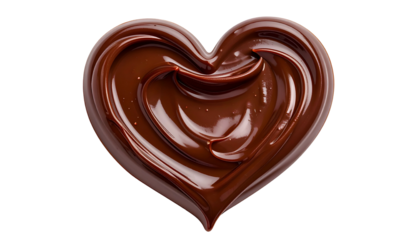 Rich, glossy dark chocolate in a heart shape, textured and flowing, against a black background