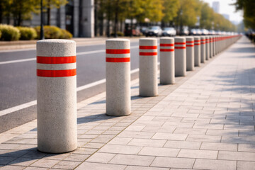 Long row of concrete bollards with vivid red stripes stretches along urban sidewalk, emphasizing perspective and city order.