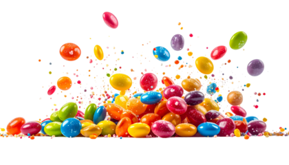 A vibrant cascade of colorful, coated candies spilling onto a bed of fine sugar crystals