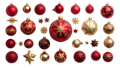 Assortment of red and gold Christmas ornaments and decorative stars, isolated