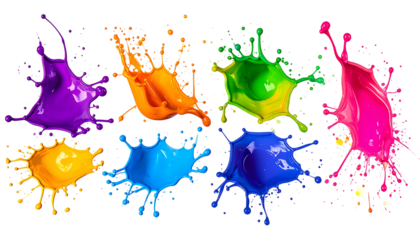 Colorful paint splatters in various vibrant hues against a black background