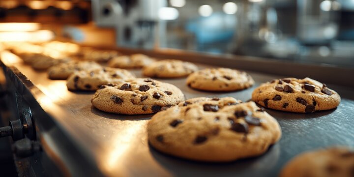 Freshly Baked Chocolate Chip Cookies on Industrial Conveyor Belt - Factory Production Line.