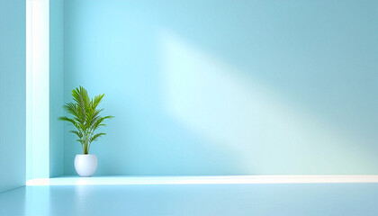 Minimalist blue wall background with green plant in pot and sunlight