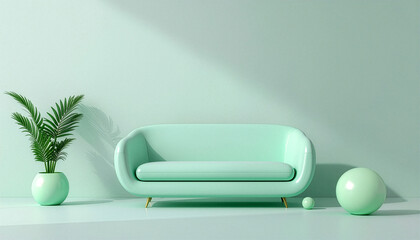 Minimalist mint sofa in modern interior with plant and geometric spheres