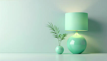 Minimalist mint lamp and green leaf in vase on pastel background