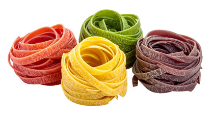 Four colorful pasta nests arranged against a stark black background, showcasing variety