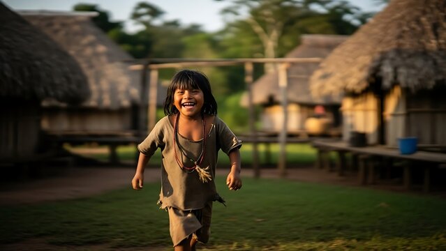 Indigenous child laughing joyfully while running through a traditional village in the Amazon