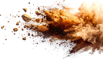 Explosion of brown dust, rocks, and smoke bursting from the left on a black background