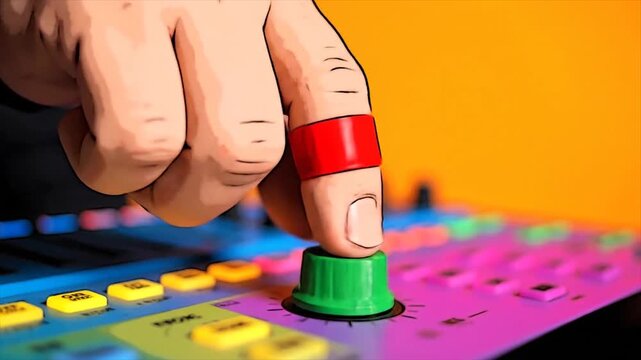 Close-up of a hand pressing a green button on a colorful control panel.