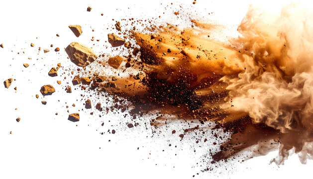 Explosion of brown dust, rocks, and smoke bursting from the left on a black background