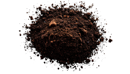 Pile of dark brown earth, a close-up with detailed texture, isolated against a black background