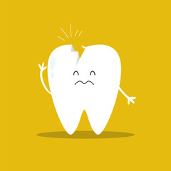 Sad Broken Tooth Character with Crack to Illustrate Dental Pain and Need for Professional Stomatology Treatment.