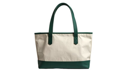 Cream canvas tote bag with emerald green base, trim, and handles against black