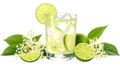 Refreshing cocktail with lime slices, ice cubes, flowers and leaves in a transparent glass