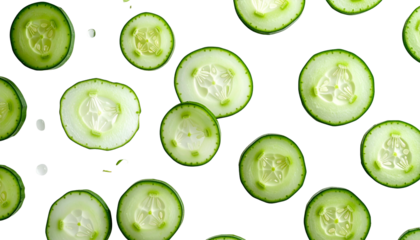 Overhead view of sliced cucumbers scattered on a black background, showcasing texture