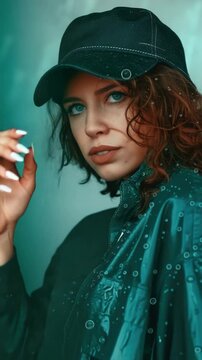 The shows a woman in a brightly lit outdoor setting with what appears to be rain, as indicated by the presence of raindrops in the air. She is captured mid-pose with one hand resting on her forehead