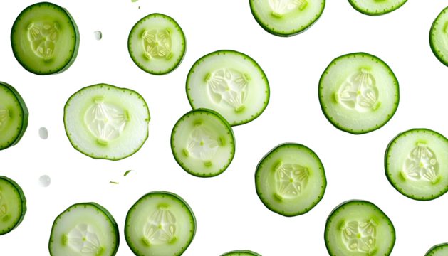 Overhead view of sliced cucumbers scattered on a black background, showcasing texture - Powered by Adobe