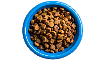 Fototapeta premium Overhead view of a blue bowl filled with dry, brown pet food kibble against black