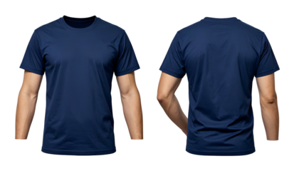Two views of a dark blue short-sleeve shirt on arms, showing front and back