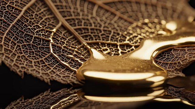 Golden Liquid Pouring Onto Delicate Leaf Skeleton in Studio Shot