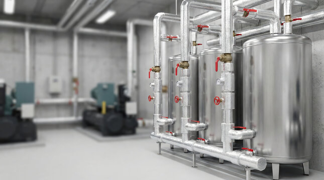 Large commercial water heater system with multiple stainless steel tanks and insulated pipes in modern plant room. Industrial facility with multiple tanks and pipes in a mechanical room