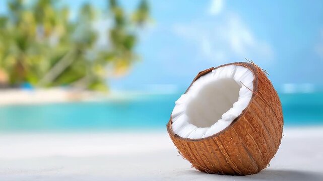 Coconut on the Beach: A sun-kissed coconut, bisected to reveal its refreshing, milky white flesh, sits invitingly against the backdrop of a tropical beach paradise.