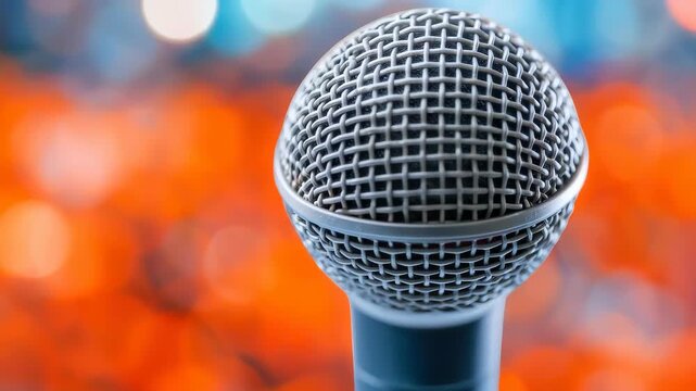 Microphone Close-up: The image captures a close-up of a microphone with a blurred background, inviting the viewer to focus on the detail and anticipation of a performance.