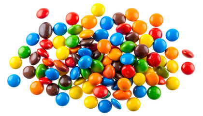 A vibrant pile of small, colorful candy pieces scattered randomly against a black background