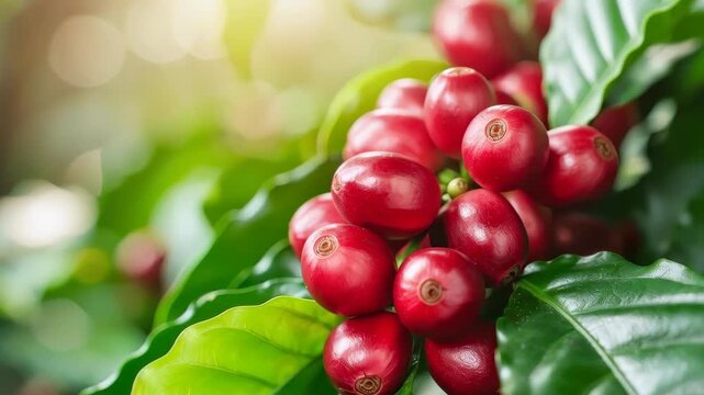 Rich Coffee Beans on the Vine: A close-up shot of vibrant red coffee cherries ripening on a lush green coffee plant, bathed in sunlight. An ode to nature's bounty and the start of a long journey.