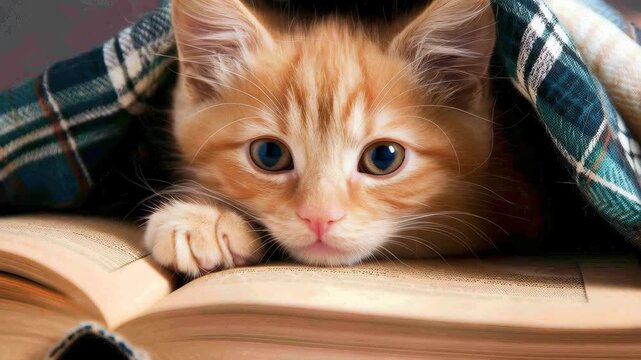 Cozy Kitten Moment: An adorable orange kitten peeks out from under a checkered blanket, resting upon an open book, creating a scene of peaceful comfort and intellectual curiosity.