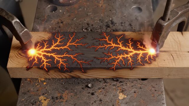 Electrocuted Wood With Electrical Sparks Creates Fractal Burning Pattern