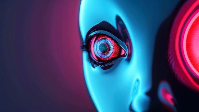 Cybernetic Gaze: An artistic close-up reveals a sleek, futuristic face with mesmerizing neon and holographic features, its glowing eye the focal point. 