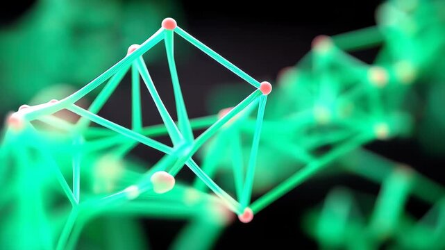 Abstract Connection of the science: An artistic, abstract, glowing green network symbolizes the intricacies of modern scientific research, with nodes representing connections and communication