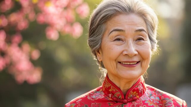 Serene Smile: An elder person with a radiant smile enjoys a moment of peacefulness in a sun-kissed garden, capturing the essence of aging with grace and contentment.
