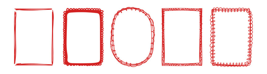 A set of hand-drawn red frames. Doodle-style frame elements for text boxes, photo embellishments, and banner designs. Rectangular and oval shapes in a sketchy style.