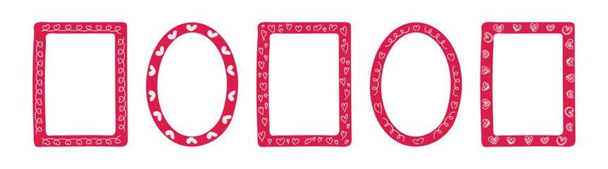 A set of red frames with a heart-shaped design. Hand-drawn frame element for Valentine's Day greeting cards, wedding invitations, and holiday decorations.