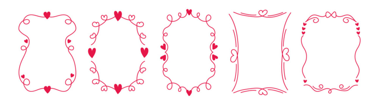 A set of red heart-shaped frames of various shapes for romantic greeting cards, invitations, wedding invitations, Valentine's Day cards, or Mother's Day cards.