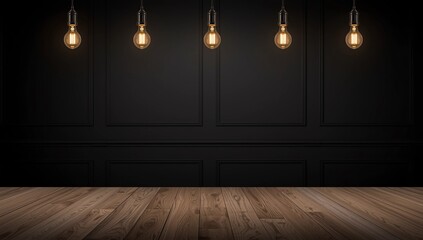Empty brown plank wood shelf at black modern tile wall background with light bulbs string,Mockup for display or montage of product or design