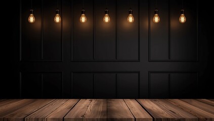 Empty brown plank wood shelf at black modern tile wall background with light bulbs string,Mockup for display or montage of product or design