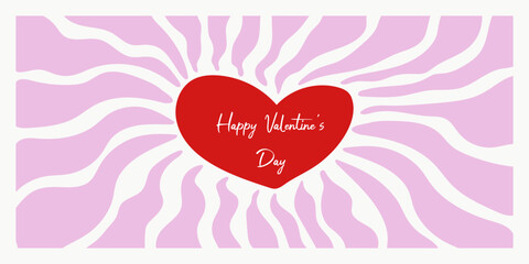 A red heart with the inscription "Happy Valentine's Day" on a pink and white abstract background. Greeting card design with a love and romance theme for the holiday.