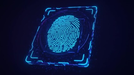 A glowing blue fingerprint scan with a neon outline on a dark background. Perfect for cybersecurity, biometric identification, and digital security presentations. - Powered by Adobe
